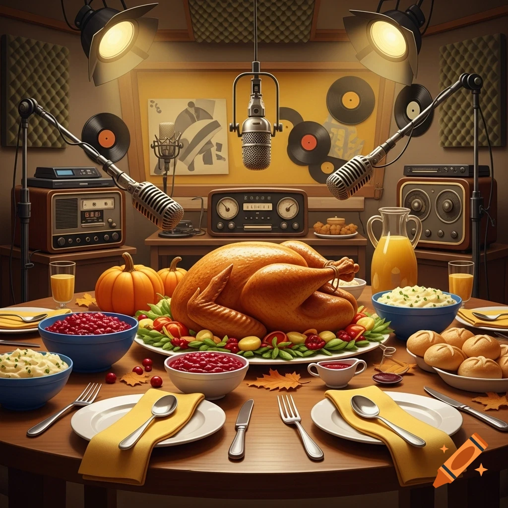 A roasted Thanksgiving turkey with side dishes, set on a dining table in a vintage radio studio filled with microphones, recording equipment, and soundproofing panels.