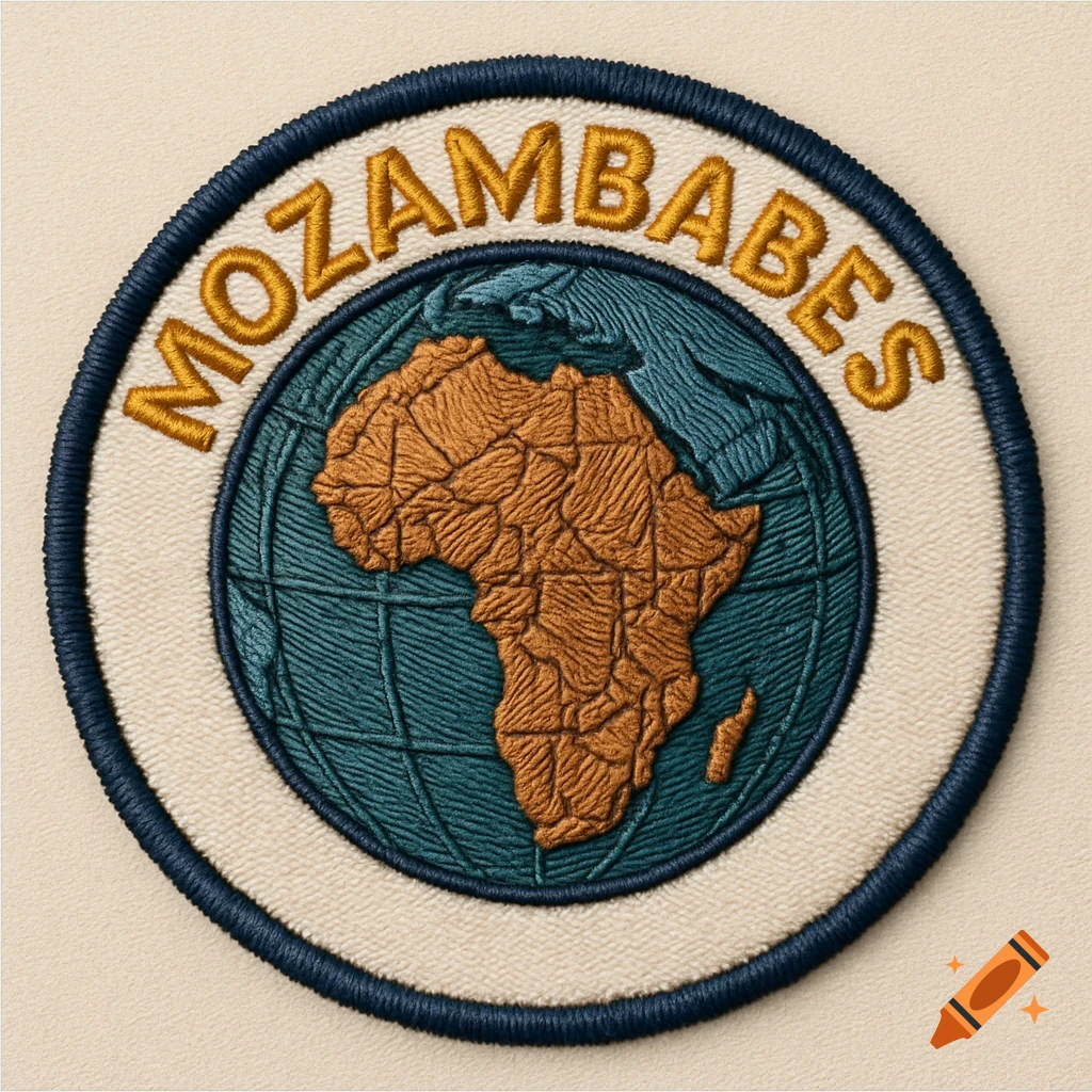 An embroidered circular patch featuring a map of Africa on a globe, with the word MOZAMBABES arched above.