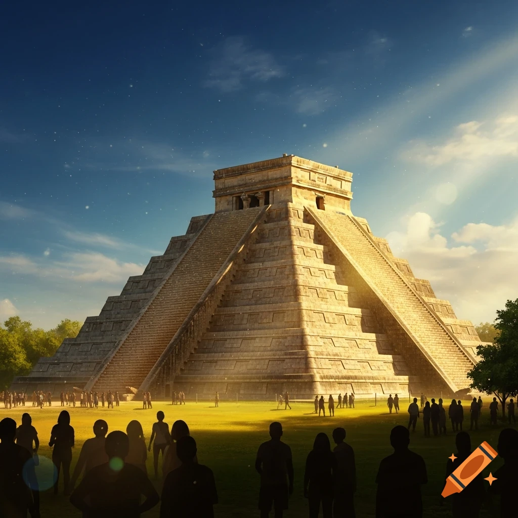 A grand Chichen Itza pyramid bathed in golden sunlight, with silhouetted people in the foreground.