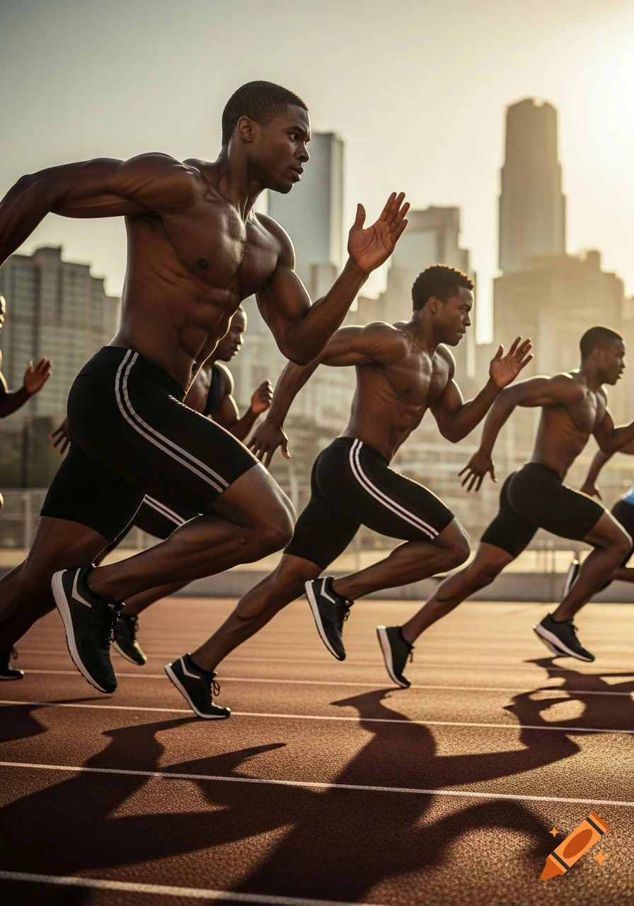 Shirtless Black male athletes sprint on a track with a city skyline background at sunset.