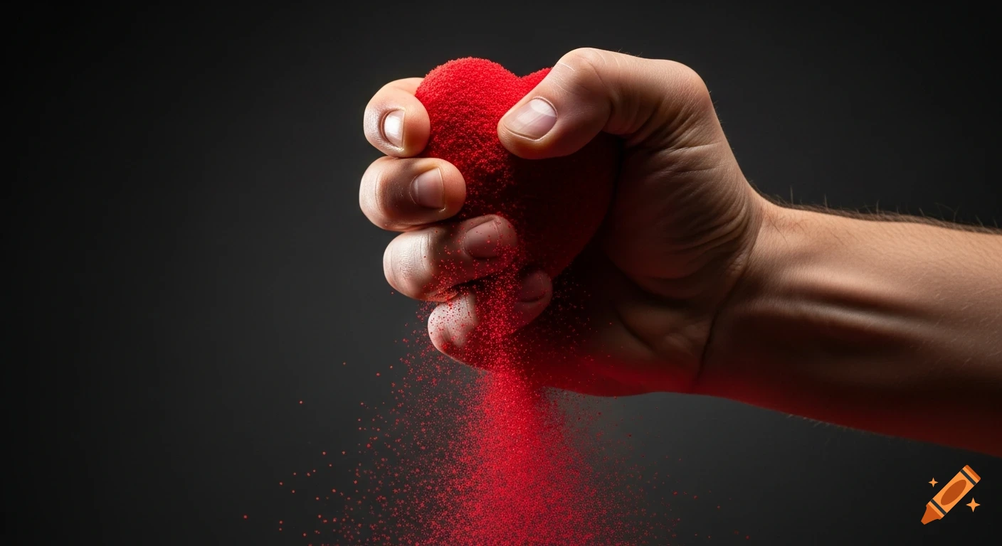 A close-up of a human hand tightly squeezing a red heart that is disintegrating into fine red dust, against a dark background.