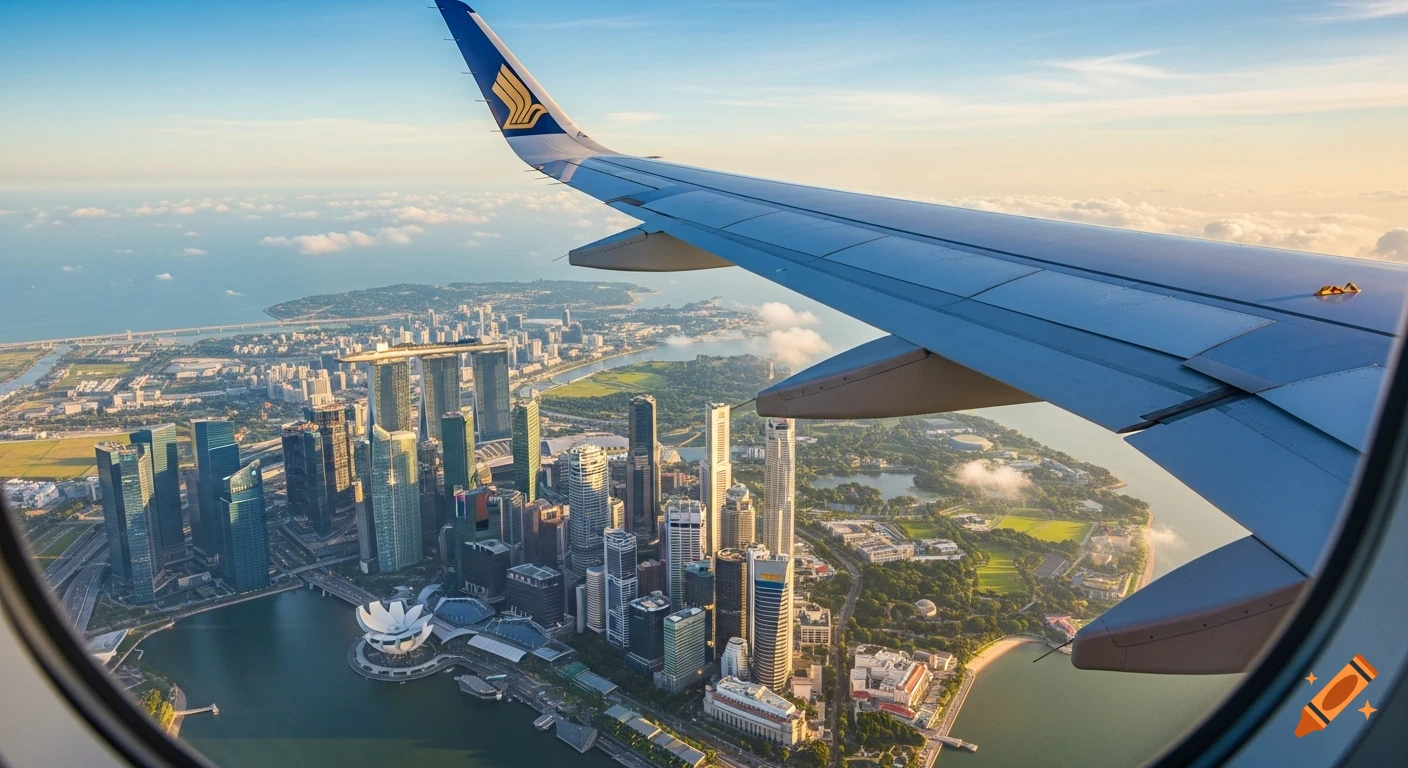 Aerial view of Singapore from an airplane window, with part of the wing visible, showing a sprawling city with skyscrapers and water at sunset.