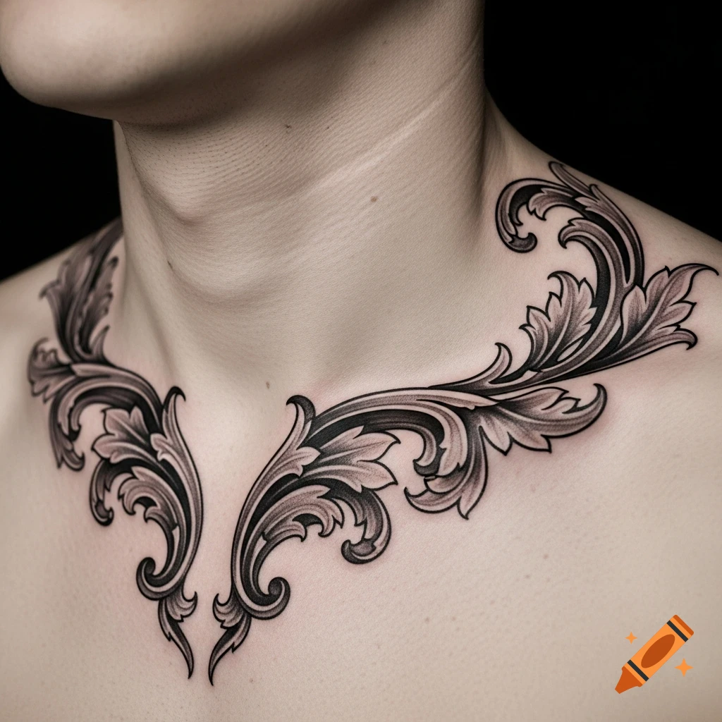 Detailed black and grey Victorian-style acanthus leaf tattoo spreading across a person's collarbones and upper chest.