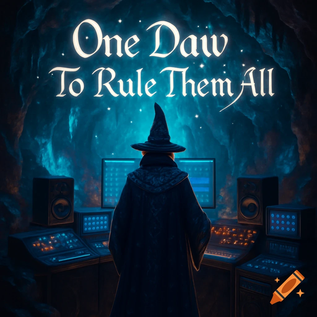 A wizard in a dark robe and hat views a glowing music studio in a mystical blue cave with 'One Daw To Rule Them All' text.