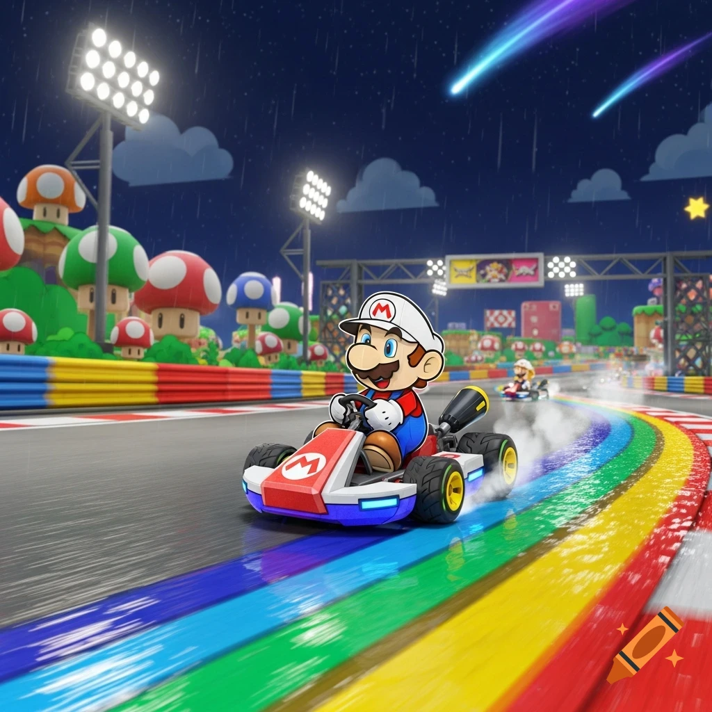Paper Mario races a kart on a wet, colorful rainbow road at night, with a toadstool landscape and comets in the sky.
