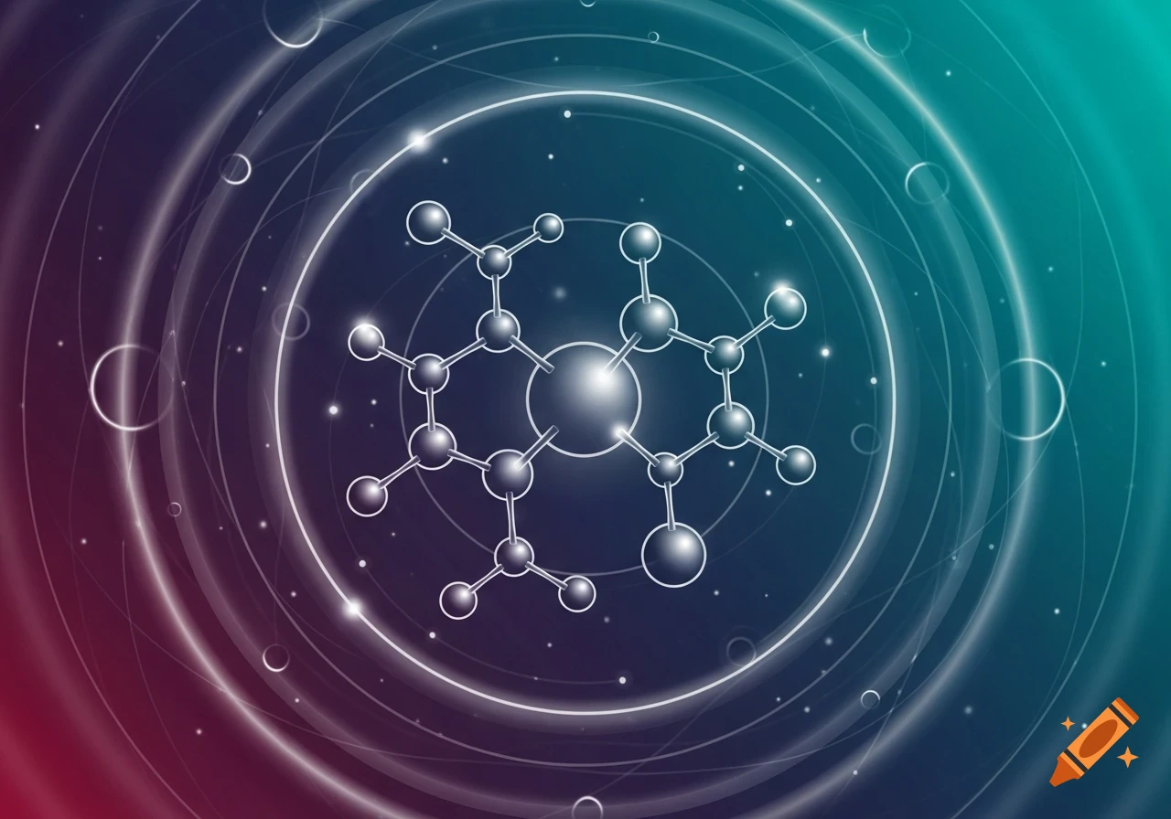 Stylized molecule with interconnected spheres and glowing lines on a red, purple, and teal gradient background.