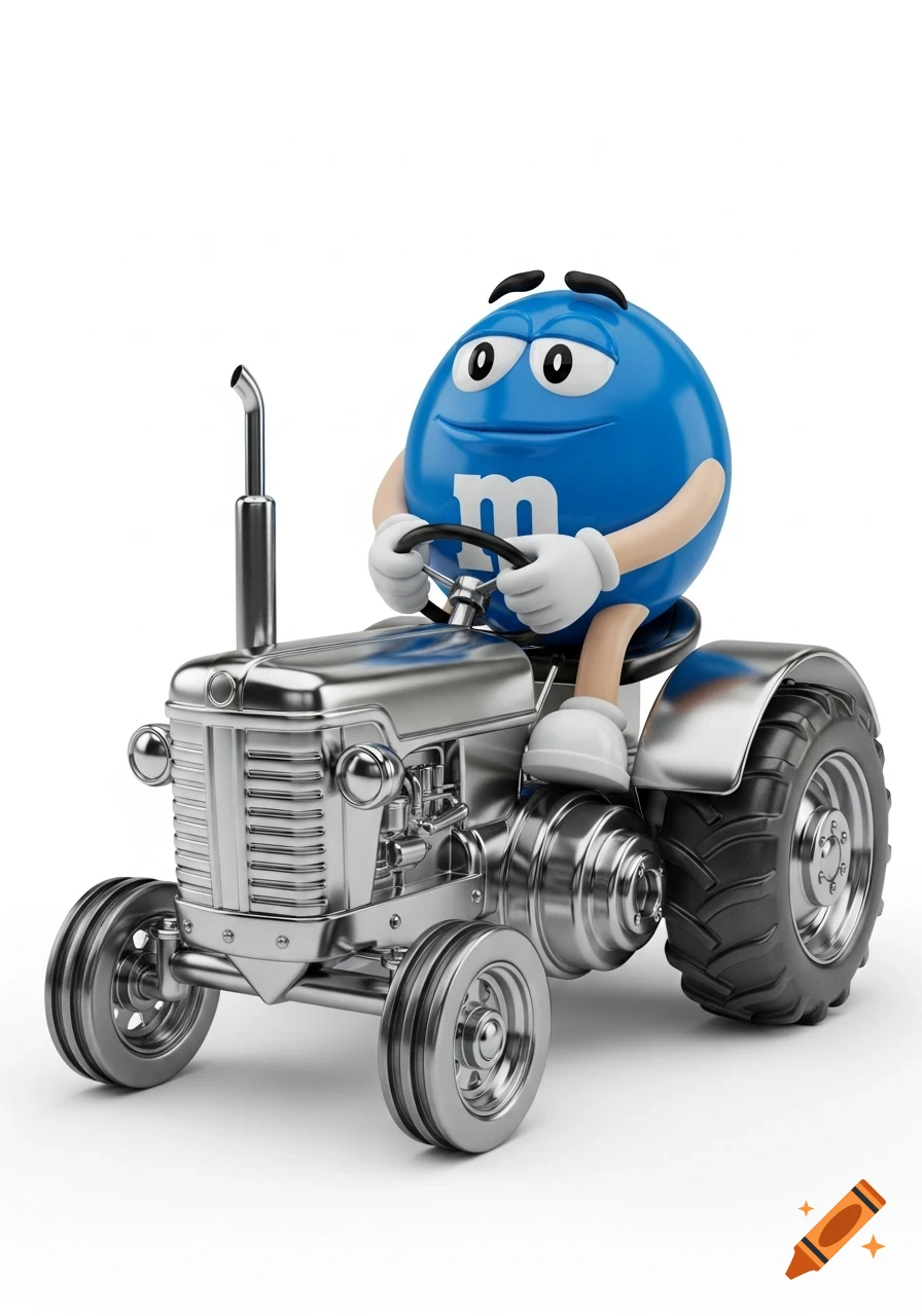 Photorealistic blue M&M character driving a silver tractor on a white background.