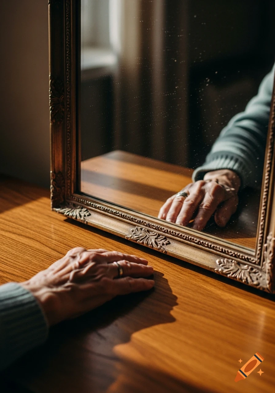 Elderly wrinkled hand on a wooden table next to an ornate mirror, reflecting the hand with a ring in soft light.