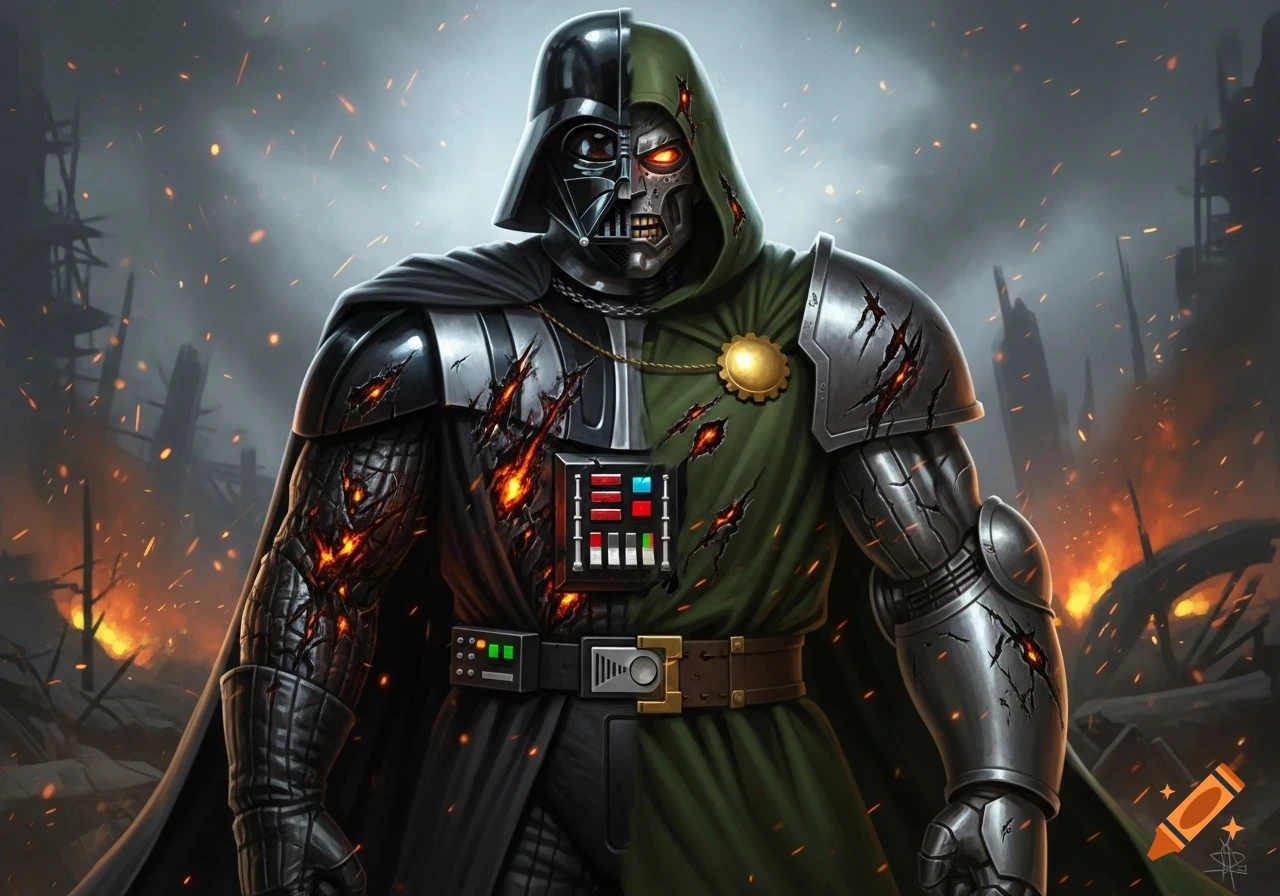 A merged character, half Darth Vader and half Doctor Doom, with damaged armor glowing with fire, stands in a ruined, burning landscape.