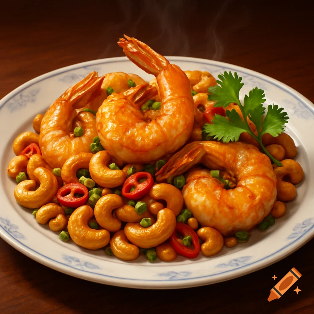 Photorealistic fried shrimp with cashews, green peas, red chili, and cilantro on a white plate, with steam rising.