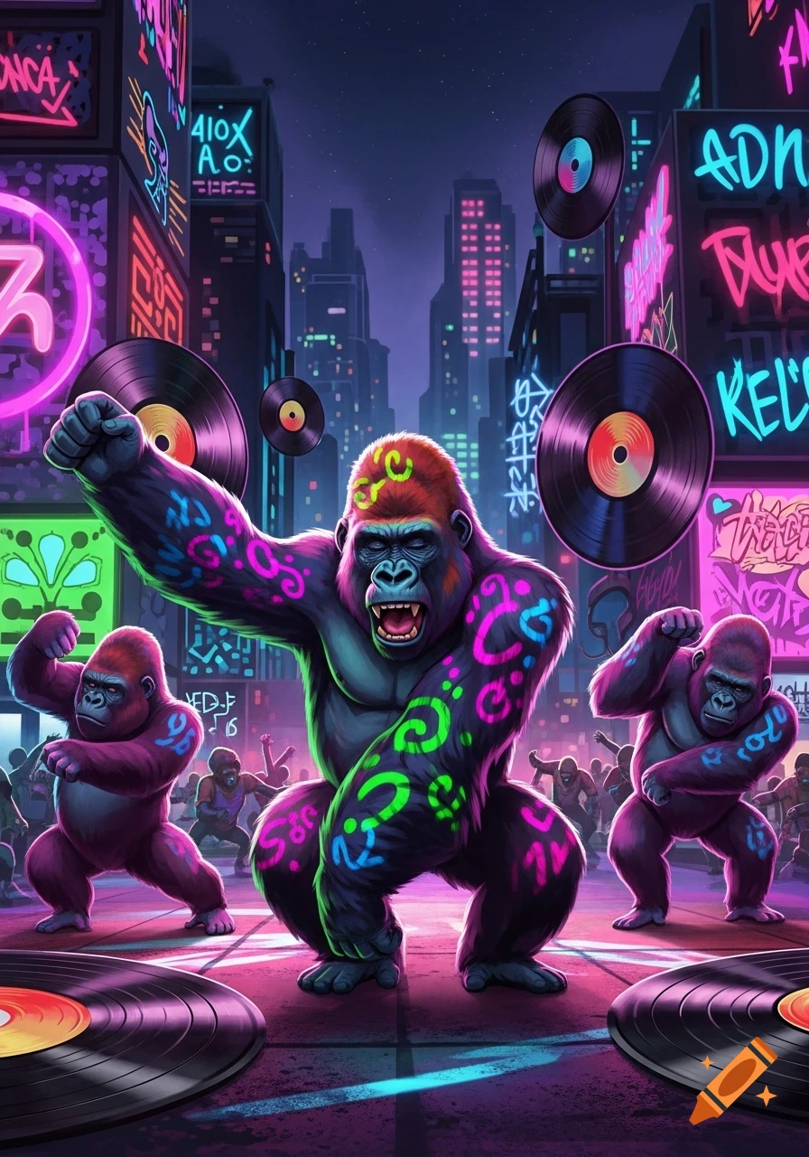 Three vibrant, neon-decorated gorillas dance in a futuristic, neon-lit city street at night, with vinyl records floating around them.