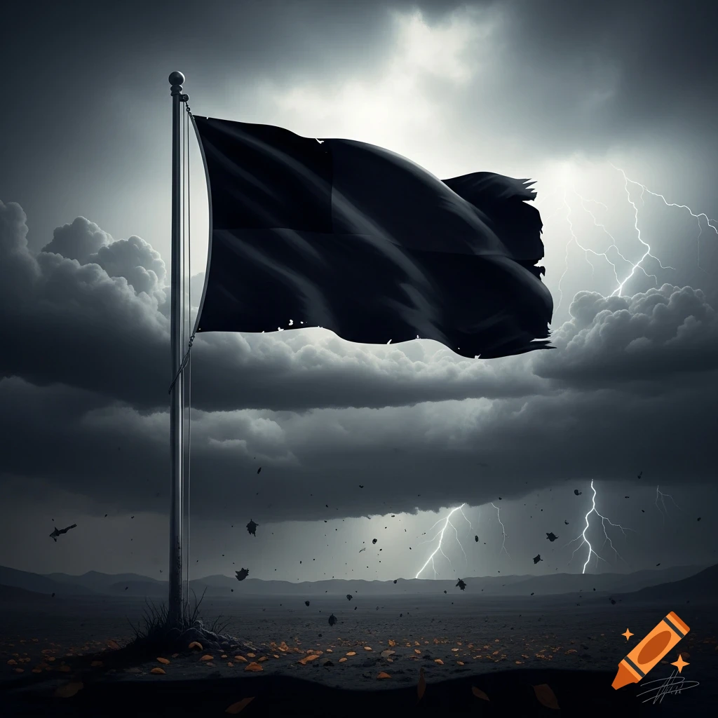 A tattered black flag flies on a pole in a desolate, stormy landscape with lightning bolts and debris flying.