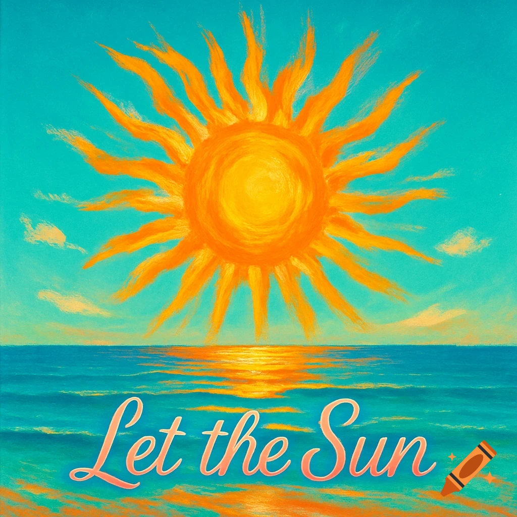 Stylized painting of a bright orange sun over a turquoise ocean, with 'Let the Sun' written in script below.
