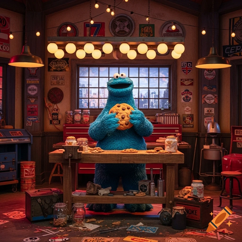 A photorealistic image of Cookie Monster standing in a messy, lit-up garage, holding a giant chocolate chip cookie.