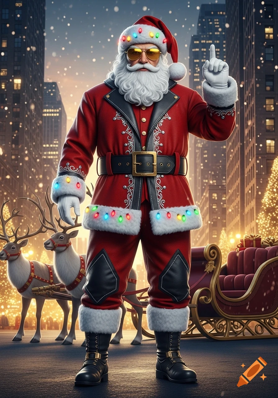 Cool Santa with sunglasses, Christmas lights on his suit and hat, stands in a snowy city street pointing up, with reindeer and a sleigh behind him.
