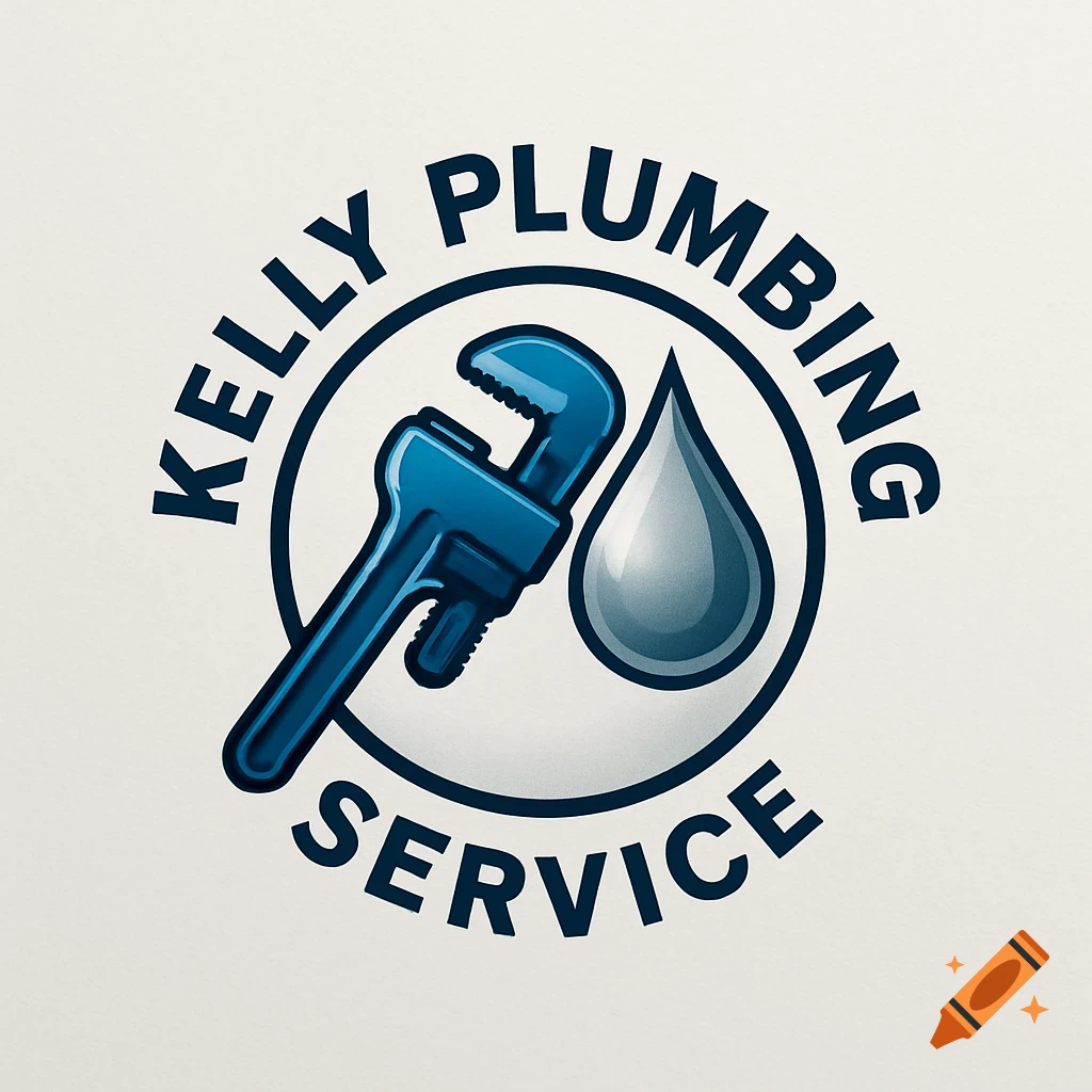 A circular logo for Kelly Plumbing Service featuring a blue pipe wrench and a shiny water droplet inside a black circle, with the company name curved around the outside.