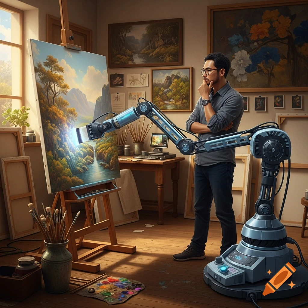 An artist watches a robotic arm paint a vibrant landscape on an easel in a well-lit art studio, surrounded by paintings and art supplies.