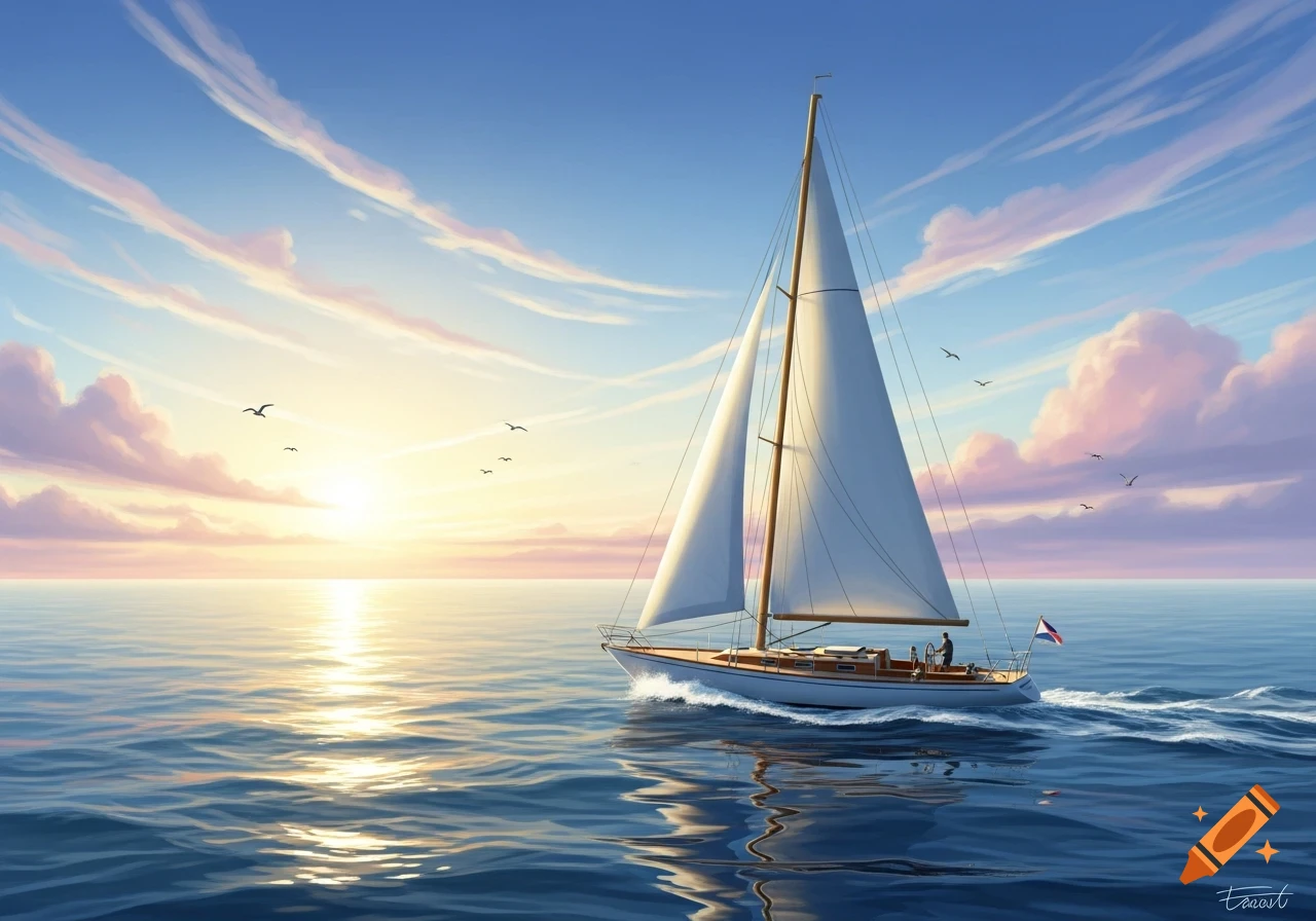 A sailboat with white sails glides across tranquil blue water under a vibrant sunset sky with pink and purple clouds.