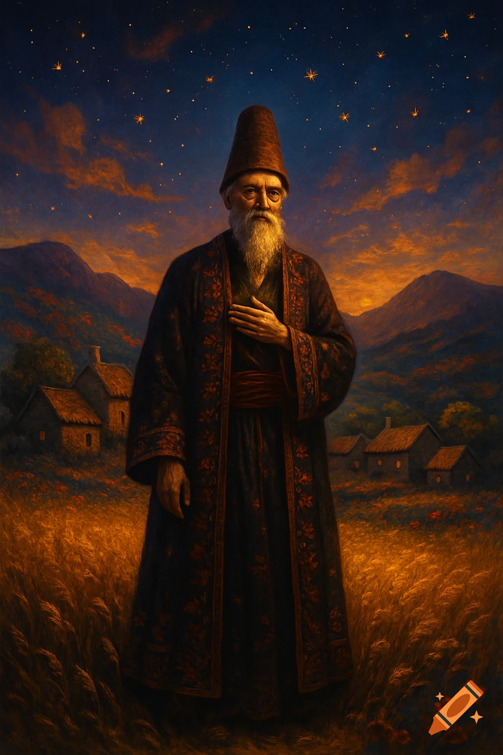 Painting of a bearded old man in dark patterned robes and a tall hat ...