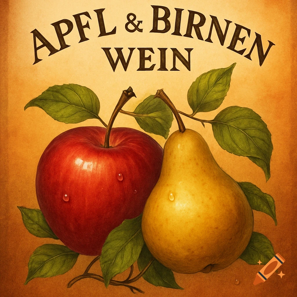 A vintage-style bottle label featuring a red apple and a yellow pear with green leaves. The text reads "APFL & BIRNEN WEIN".