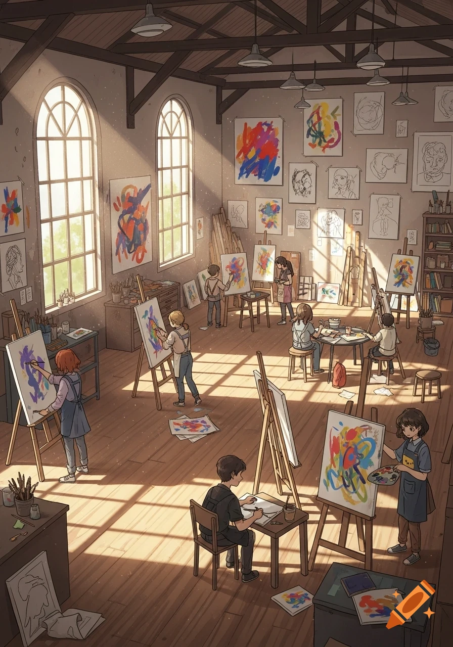 Anime-style illustration of an art studio filled with students painting and drawing, sunlit through large arched windows.