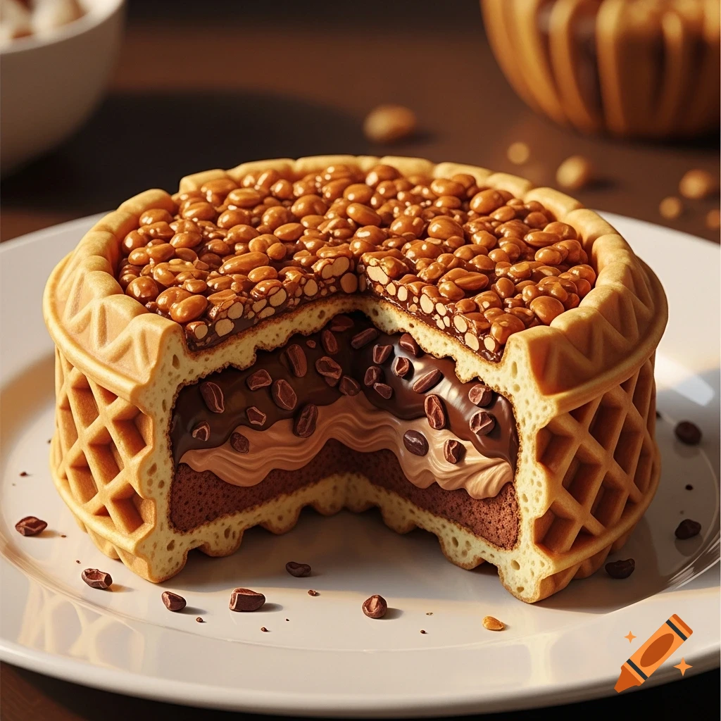 Photorealistic cross-section of a waffle-cake filled with chocolate cream, cocoa nibs, and topped with candied nuts.