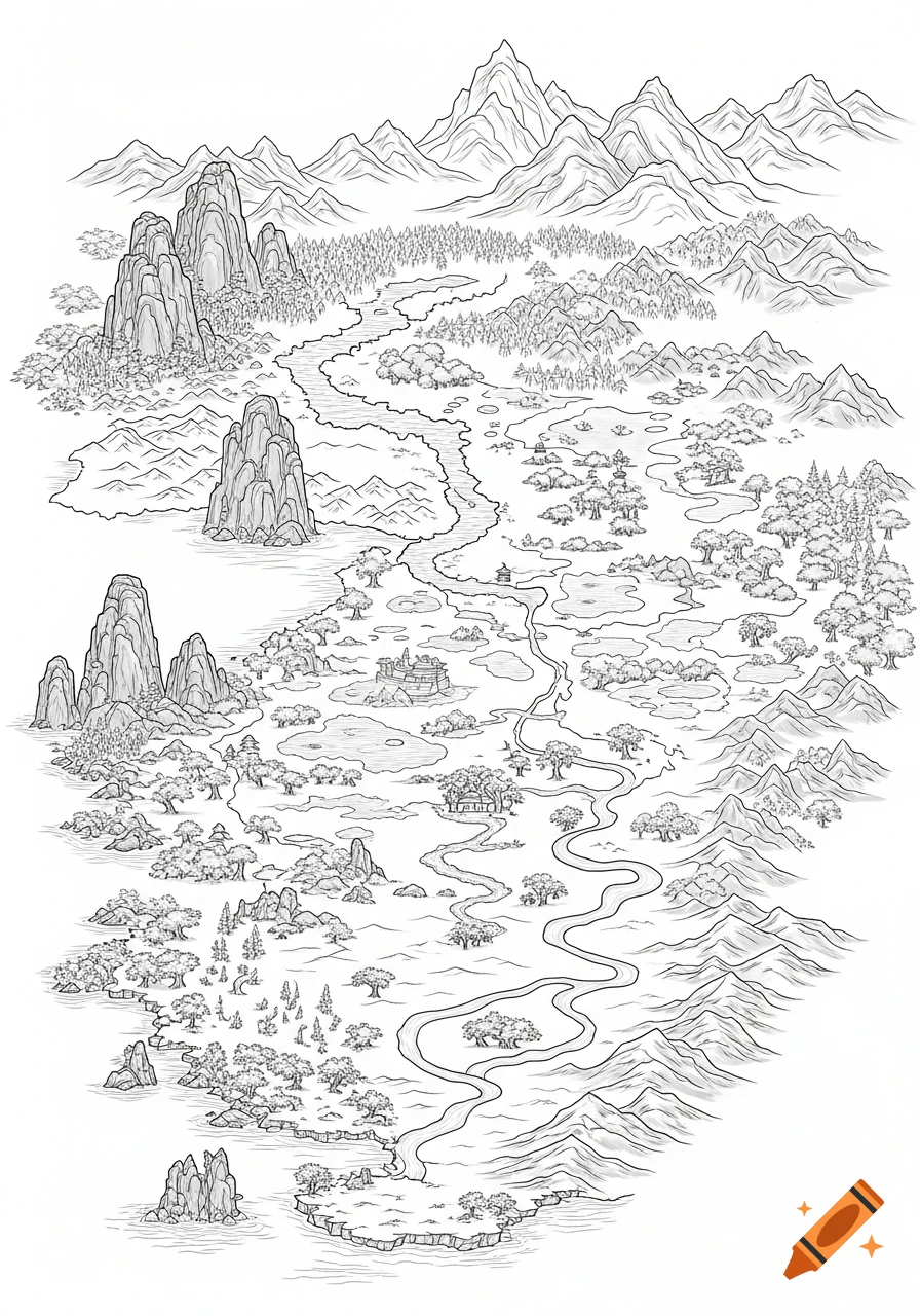 Detailed black and white fantasy map in Chinese ink drawing style, featuring mountains, rivers, forests, and small settlements.