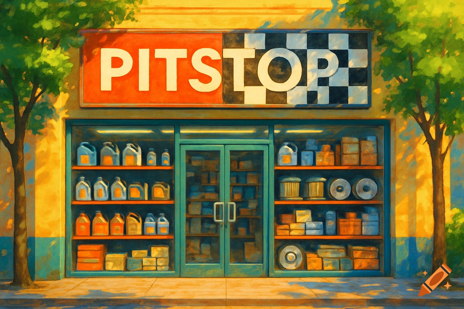 A colorful, painterly depiction of an auto parts store with a prominent red and checkered sign reading "PITSTOP" above its display windows, flanked by green trees.