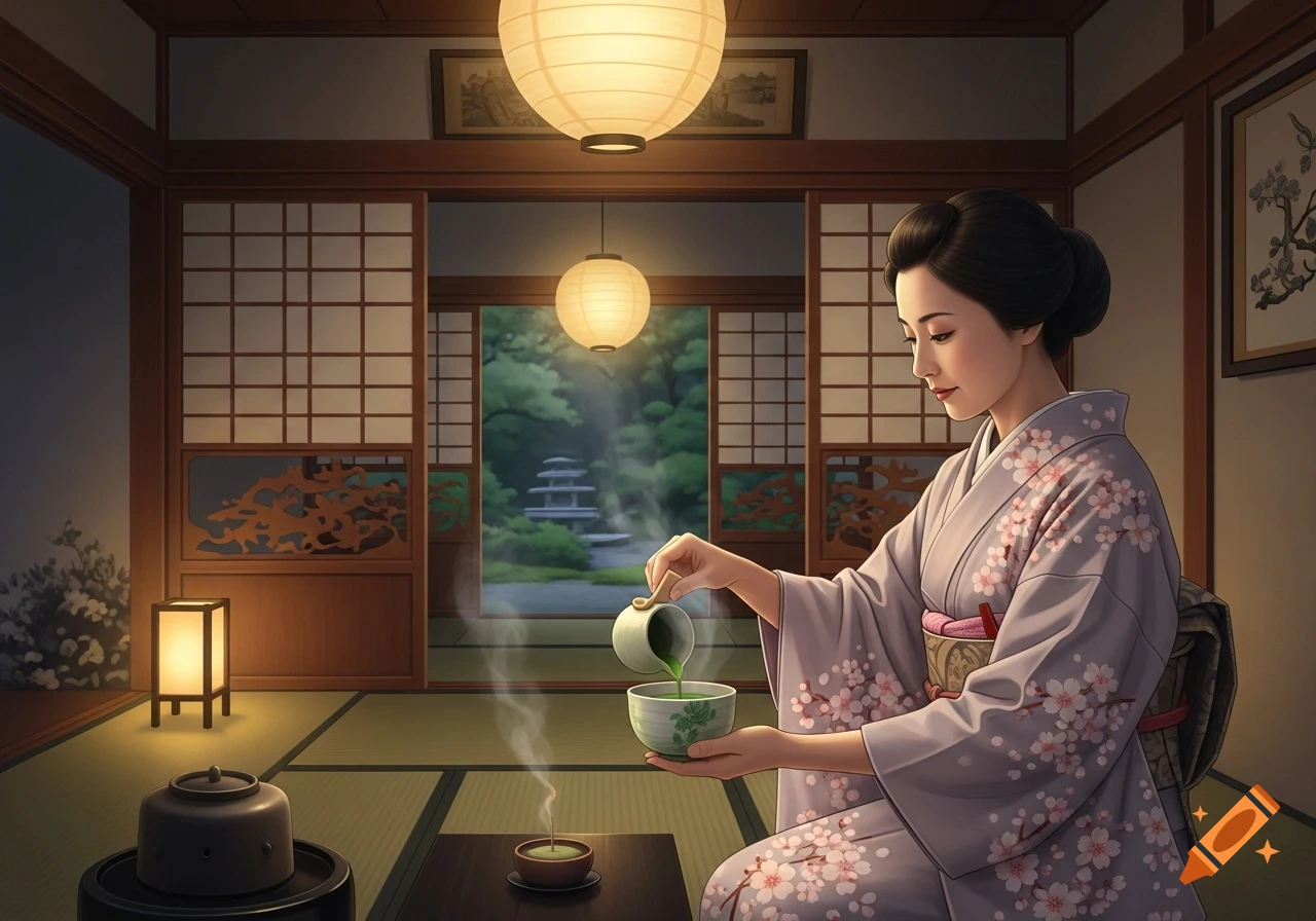 A woman in a lilac kimono with cherry blossoms performs a tea ceremony in a traditional Japanese room with a garden view.