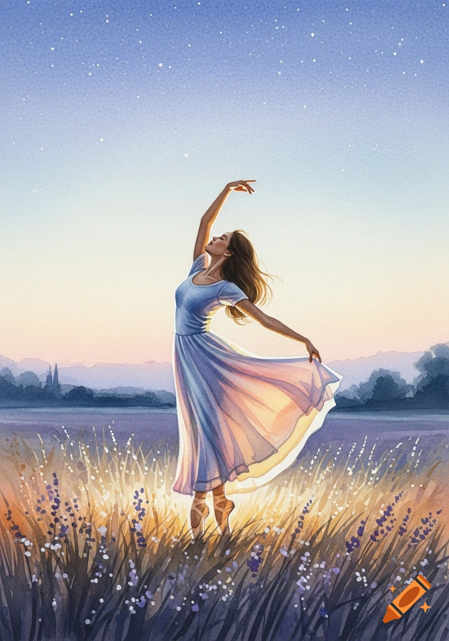 Watercolor painting of a ballerina dancing gracefully in a sunlit field with lavender flowers under a starry sky.