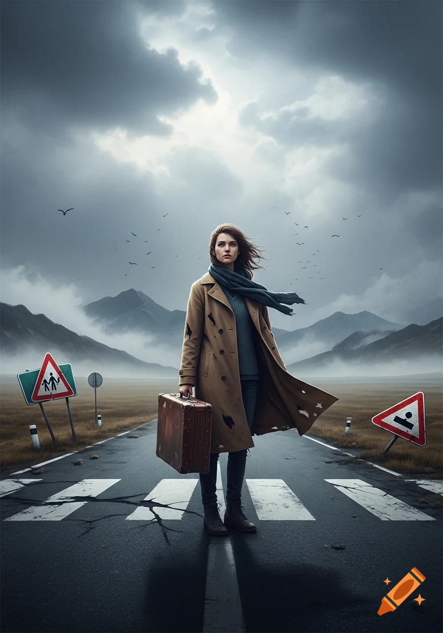 A young woman in a trench coat and scarf stands on a desolate road with a suitcase, under a dramatic, cloudy sky, with mountains in the background and two distorted road signs.