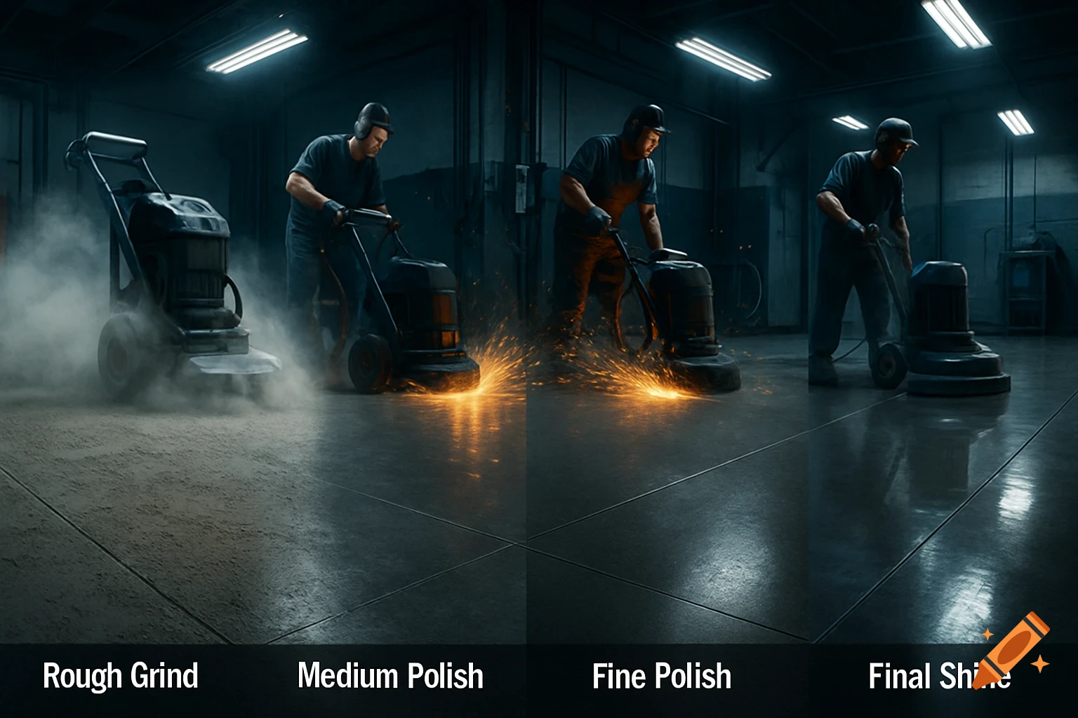 Four stages of concrete floor treatment: rough grind, medium polish, fine polish, and final shine in an industrial setting.