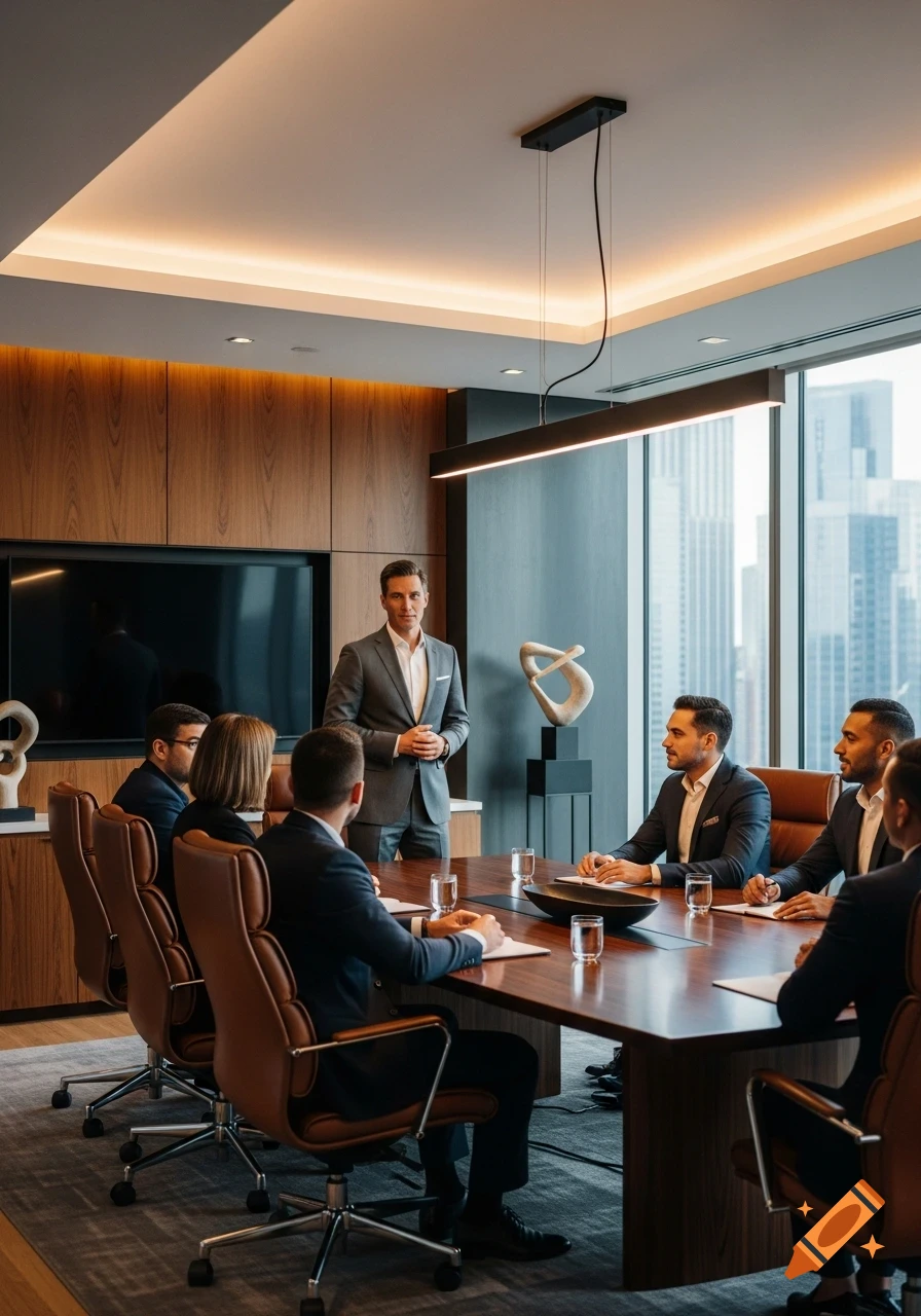 A male CEO addresses his team in a luxurious, modern corporate meeting room with large windows overlooking a city.