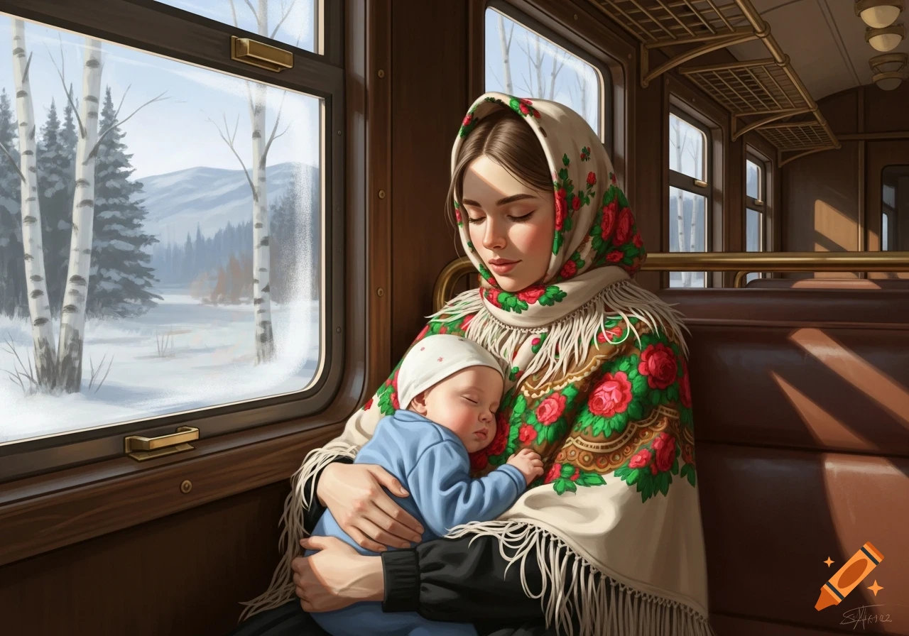 A woman in a floral shawl holds a sleeping baby on a train, looking out at a snowy landscape with birch trees, digital painting.