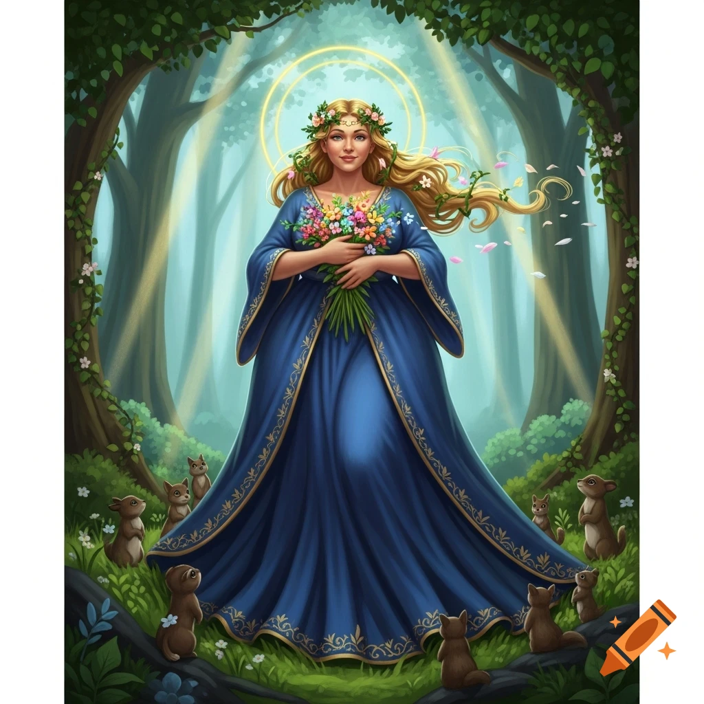 A serene blonde mother goddess in a blue gown with a floral wreath stands in a sunlit forest, holding a colorful bouquet, surrounded by small rodent-like creatures.