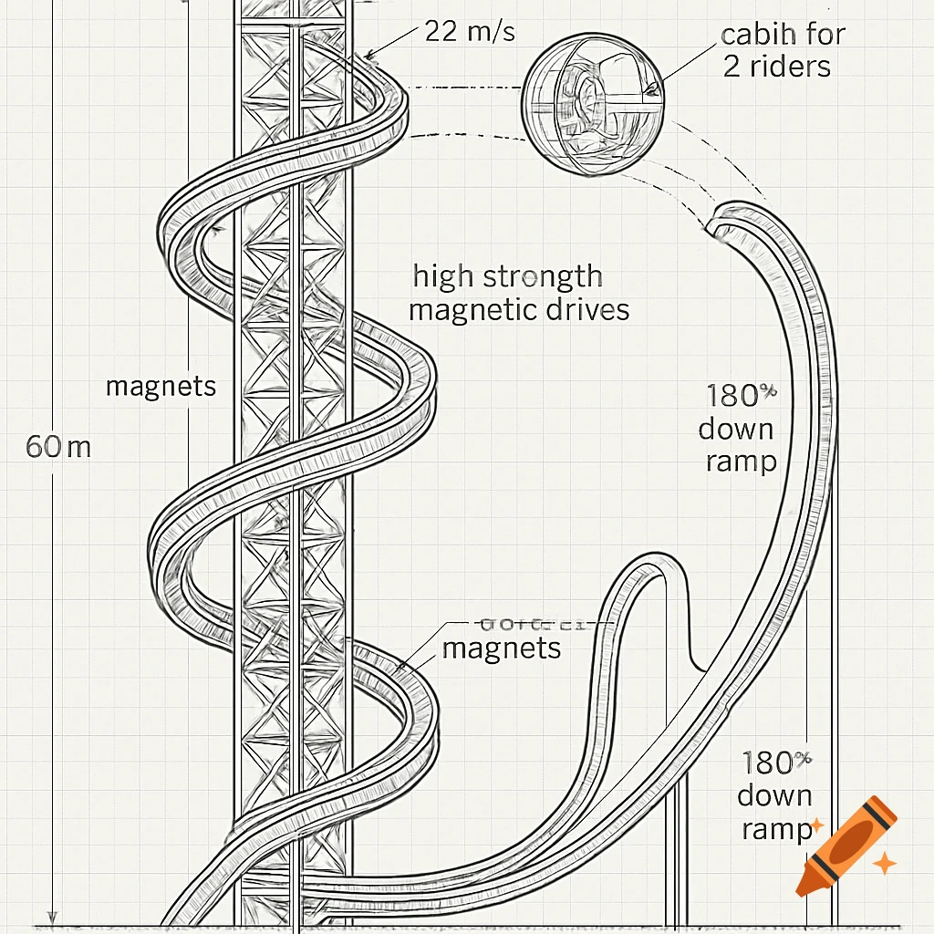 A detailed technical drawing on graph paper depicts a futuristic ride with a 60m spiral tower, a spherical cabin, magnetic drives, a launch ramp, and two 180-degree down ramps.