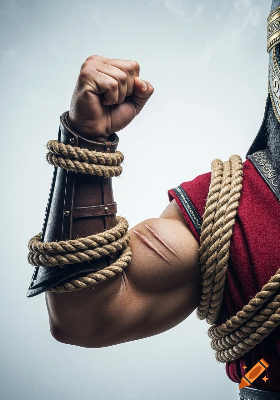 Hyper-realistic close-up of a muscular warrior's arm with scars, a clenched fist, leather bracer, and ropes, against a white background.