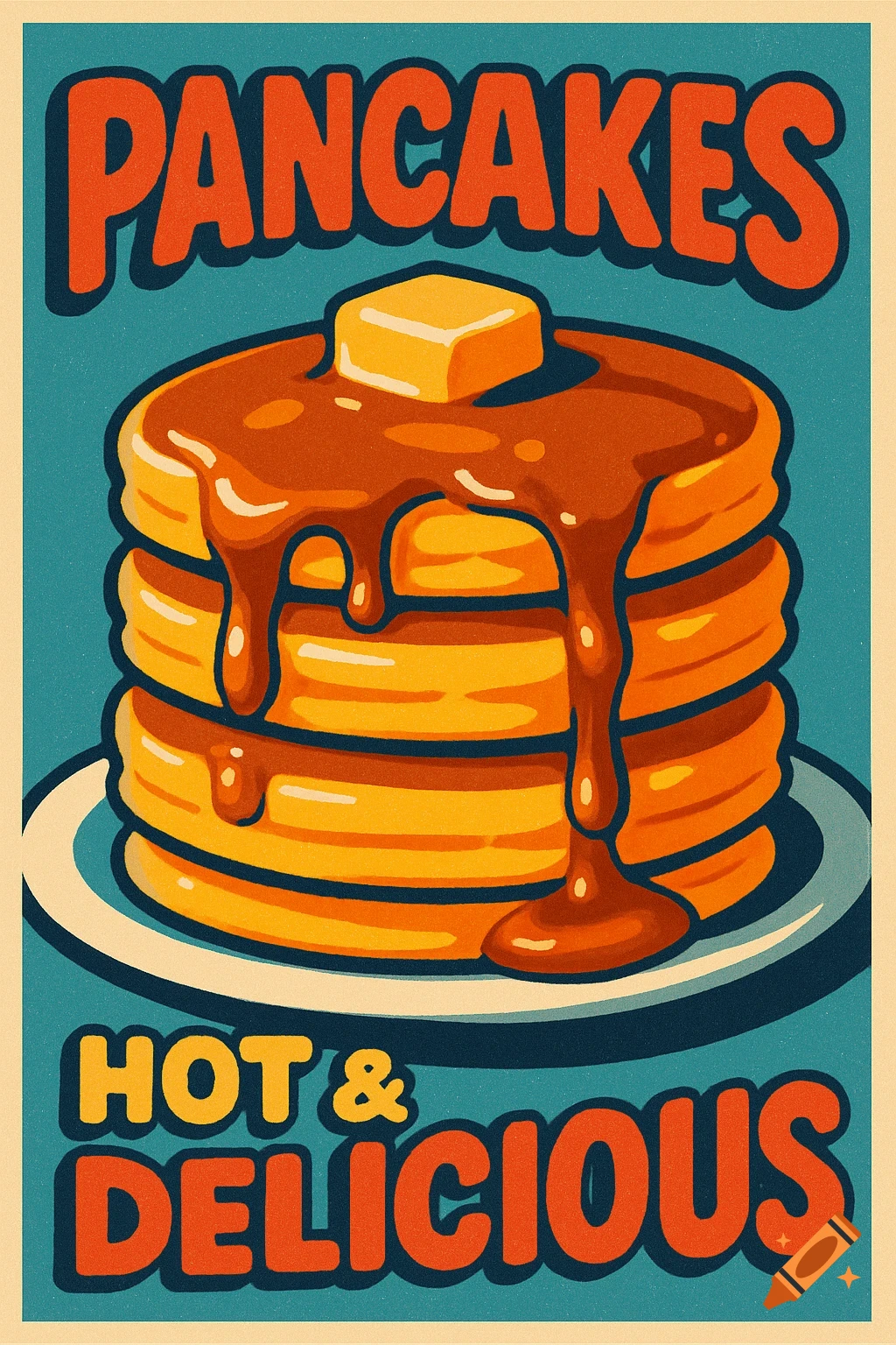 Retro-style illustration of a stack of pancakes with syrup and butter on a plate, with text 'PANCAKES HOT & DELICIOUS' against a teal background.
