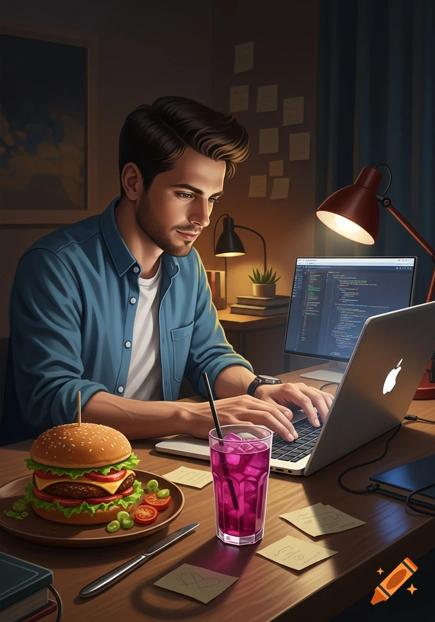 A man in a blue shirt and white undershirt codes on a silver laptop at a desk with a burger and a purple drink next to him, under warm lamp light.