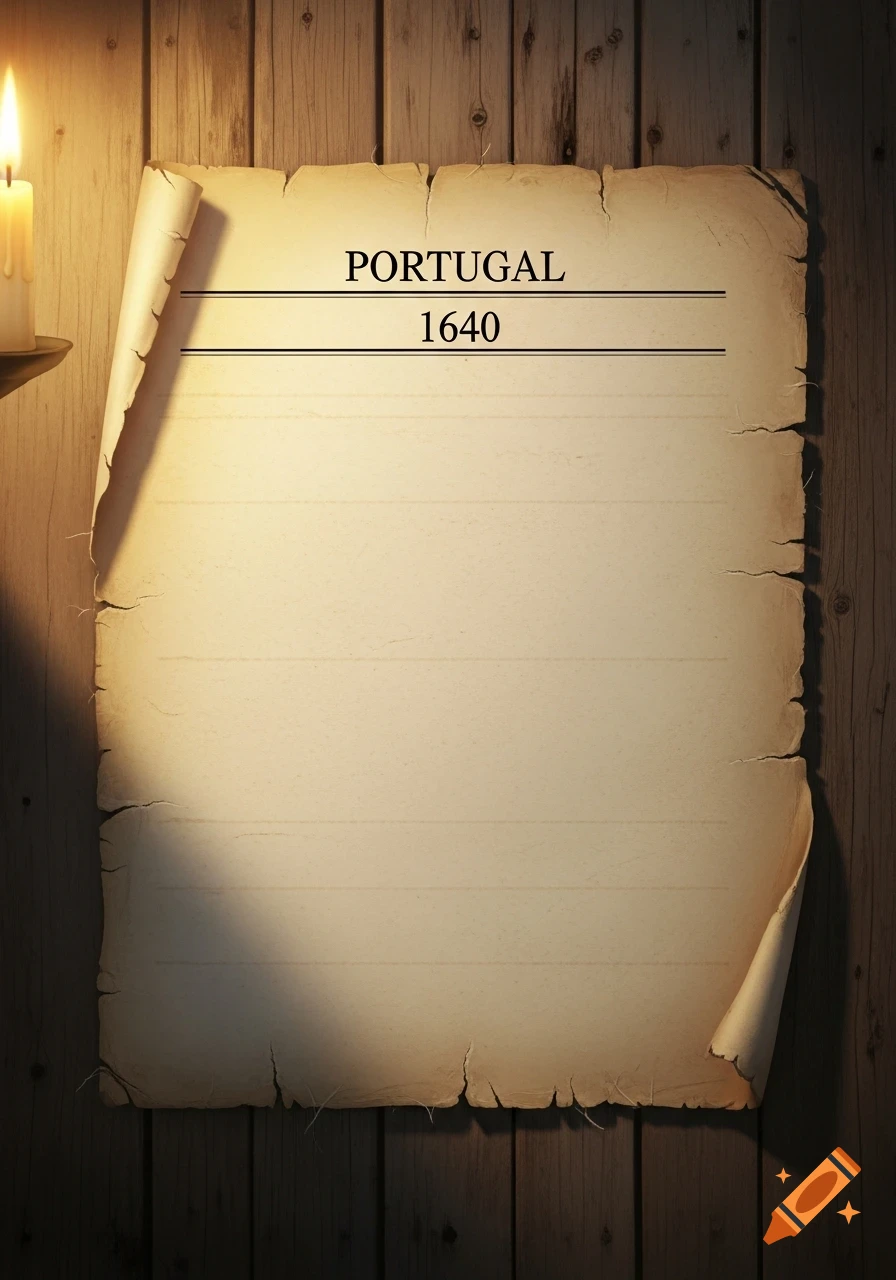 A vintage, blank document with torn edges, titled 'PORTUGAL 1640', lit by a candle on a wooden background.