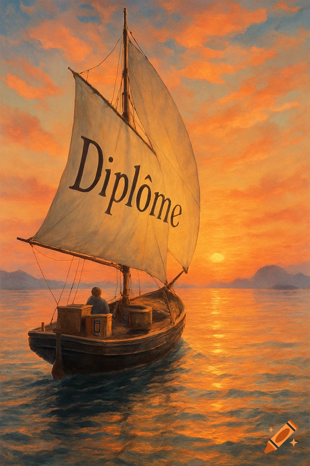 A serene painting of a small sailboat with "Diplôme" written on its sail, carrying a person and crates, sailing on a calm sea towards a setting sun.