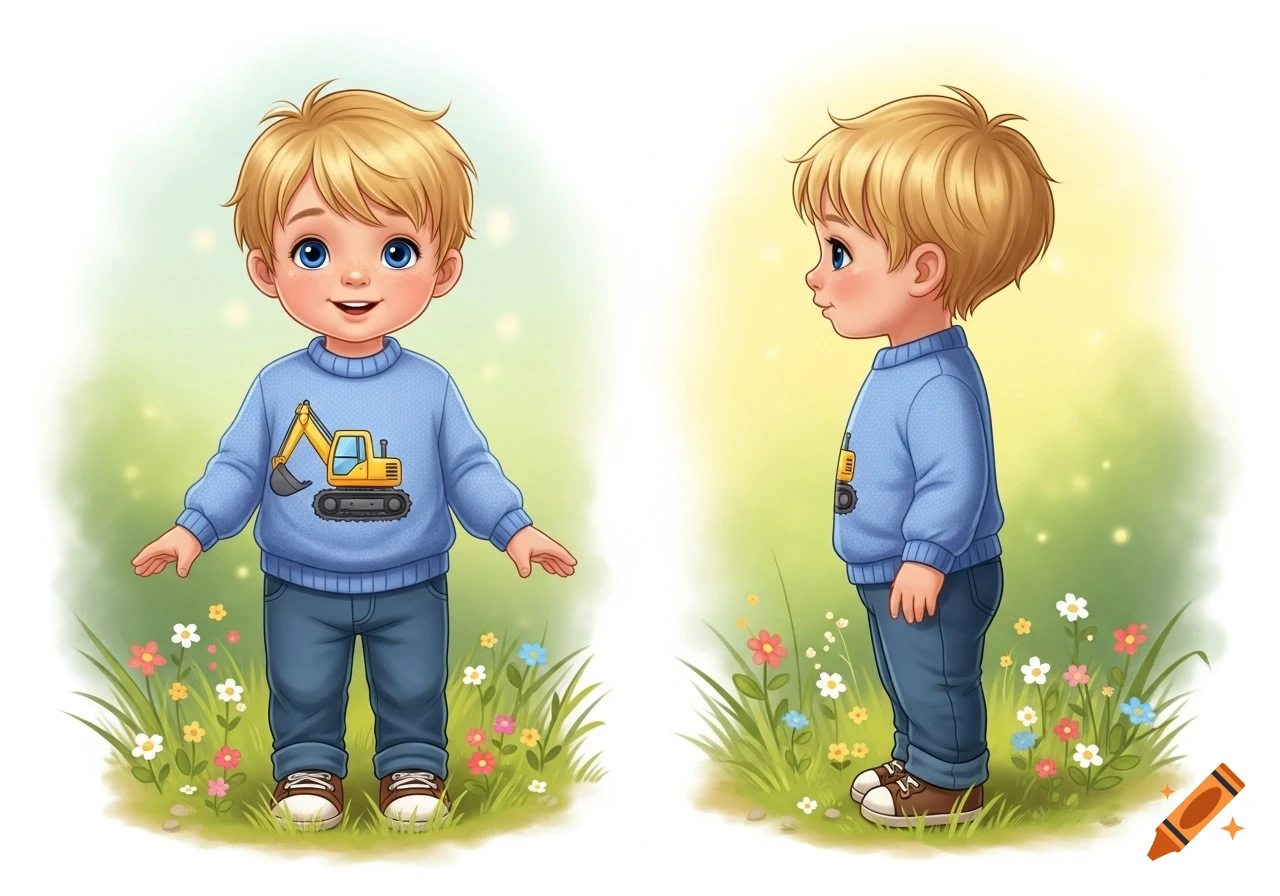 A cheerful blonde cartoon boy in a blue excavator sweater and jeans, shown front-facing and in profile, standing in a field of colorful flowers.