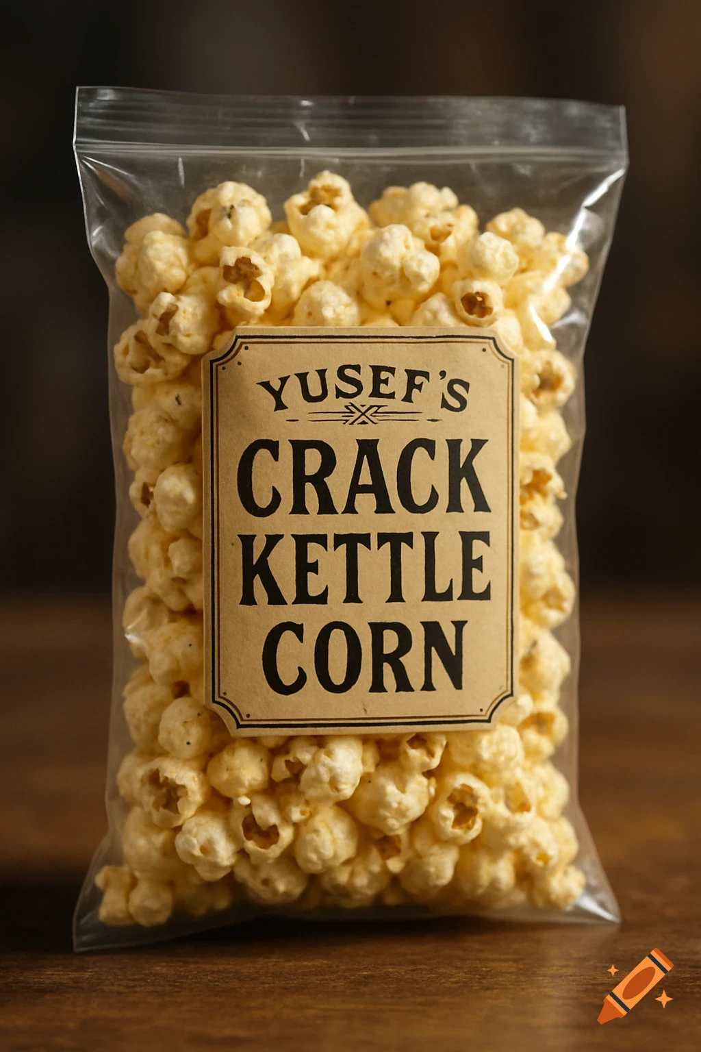 A plastic bag of Yusef's Crack Kettle Corn on a wooden surface.