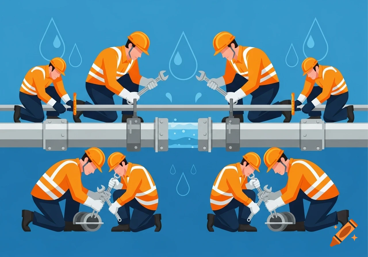 Cartoon illustration of multiple plumbers in orange uniforms and hard hats fixing a water pipe system with visible water drops.