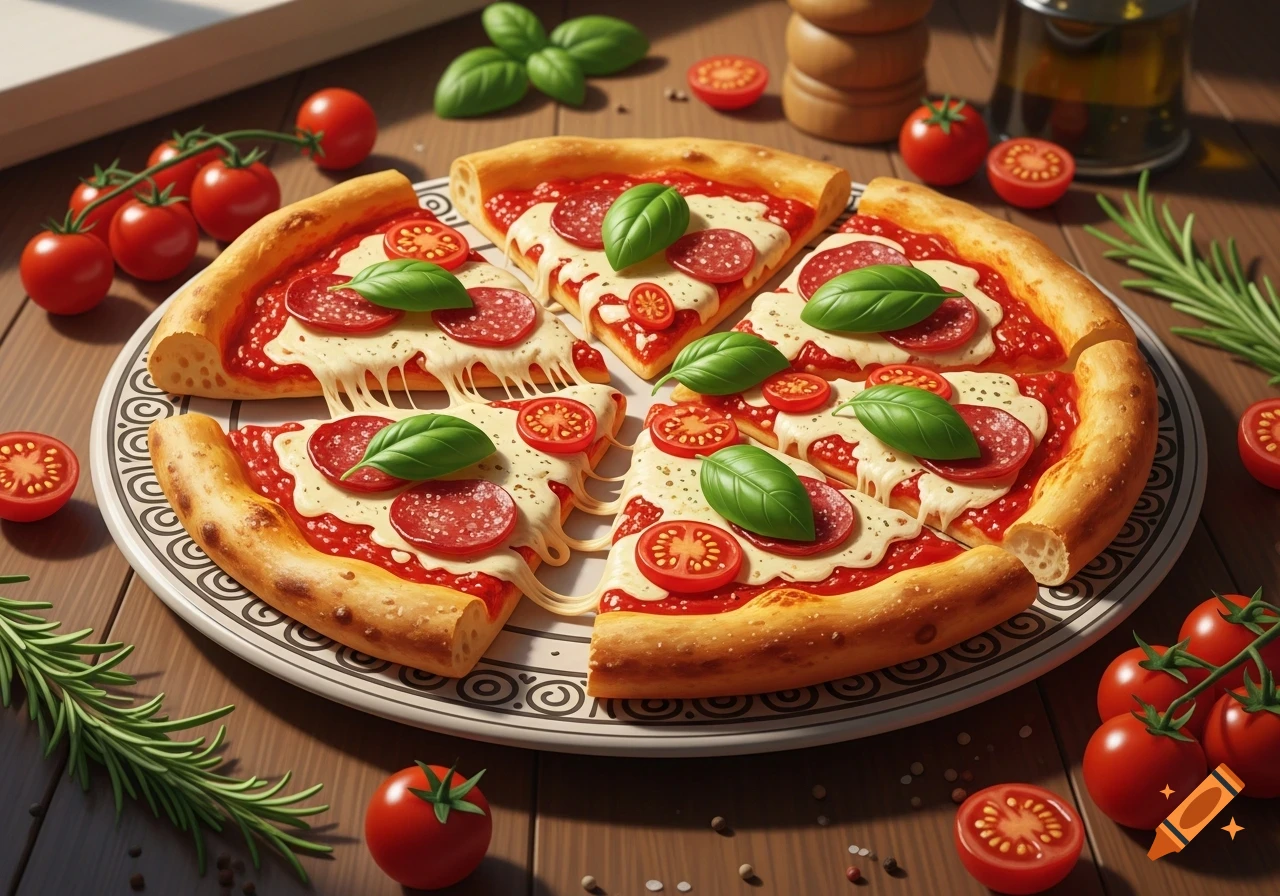 Photorealistic pepperoni pizza with melting cheese, basil, and tomato slices on a plate, surrounded by fresh ingredients.