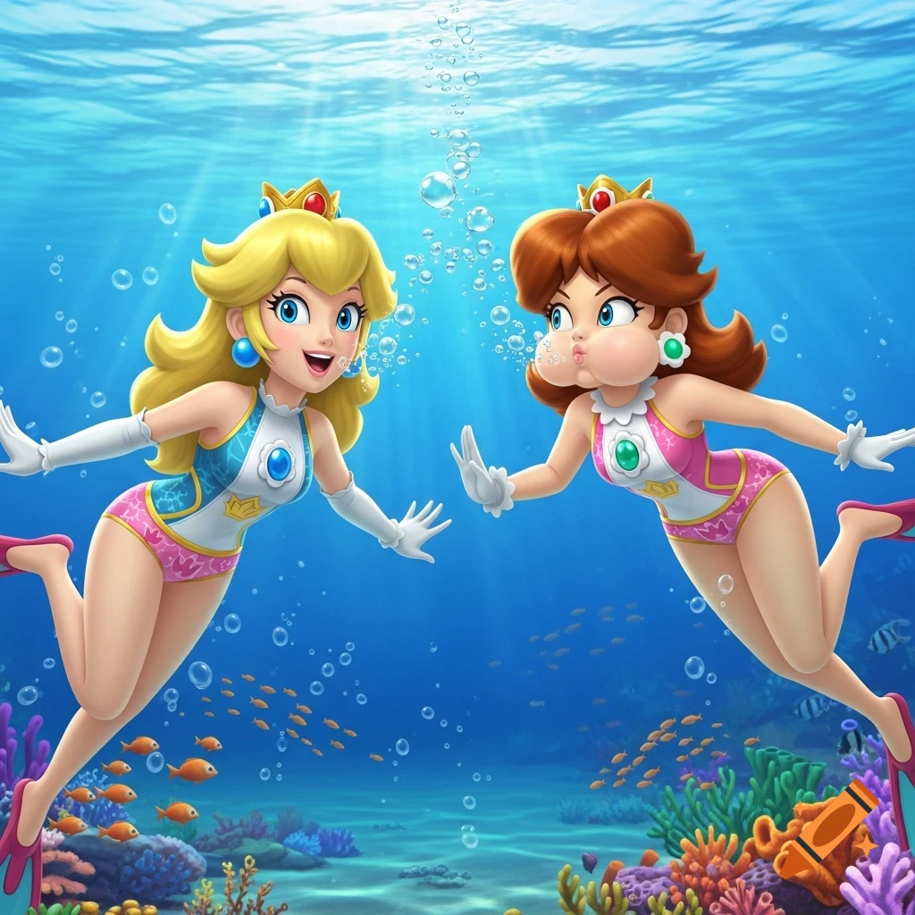 Princess Peach and Princess Daisy in swimwear having a breath holding contest underwater, surrounded by fish and coral.