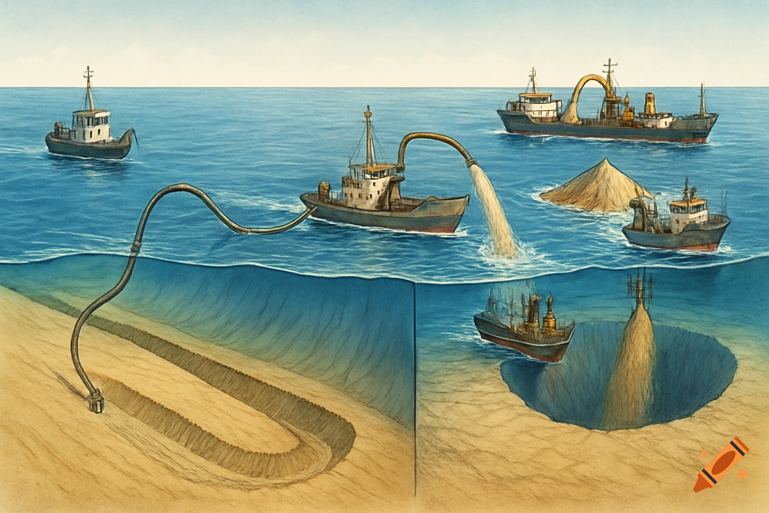 Illustration of maritime dredging operations, showing ships excavating sand from the seabed and depositing it on sandbars.