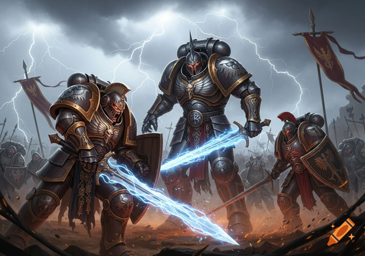 Three heavily armored dark fantasy warriors with glowing blue swords stand on a battlefield under a stormy sky with lightning.