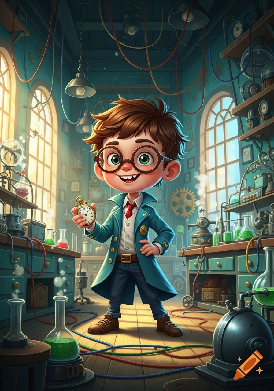 Cartoon boy in a lab coat and glasses holds a stopwatch in a whimsical, colorful laboratory.