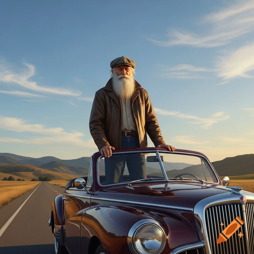 An old man with a long white beard and a flat cap stands in a vintage red convertible on a long road, with rolling hills under a blue sky at sunset.